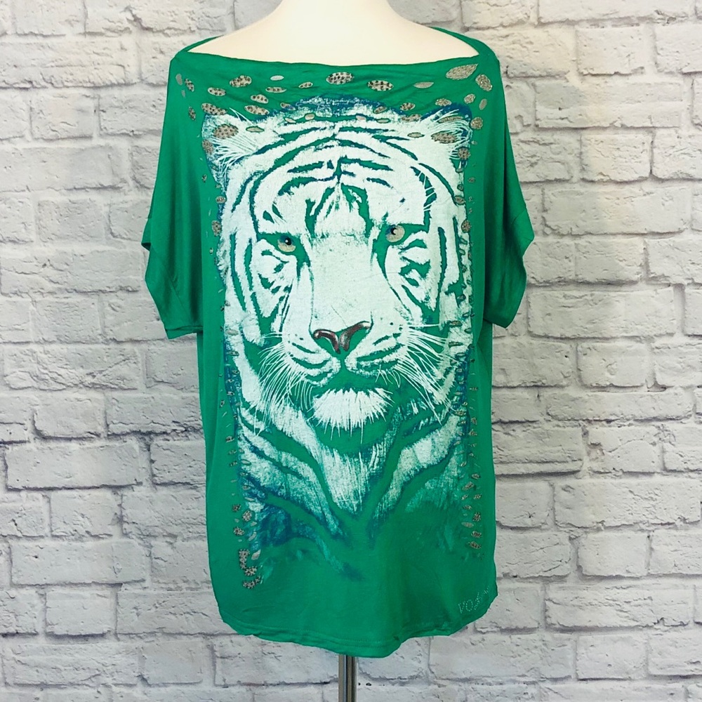 VO Jeans | Tiger Graphic Tee Hand Beaded Cowlneck